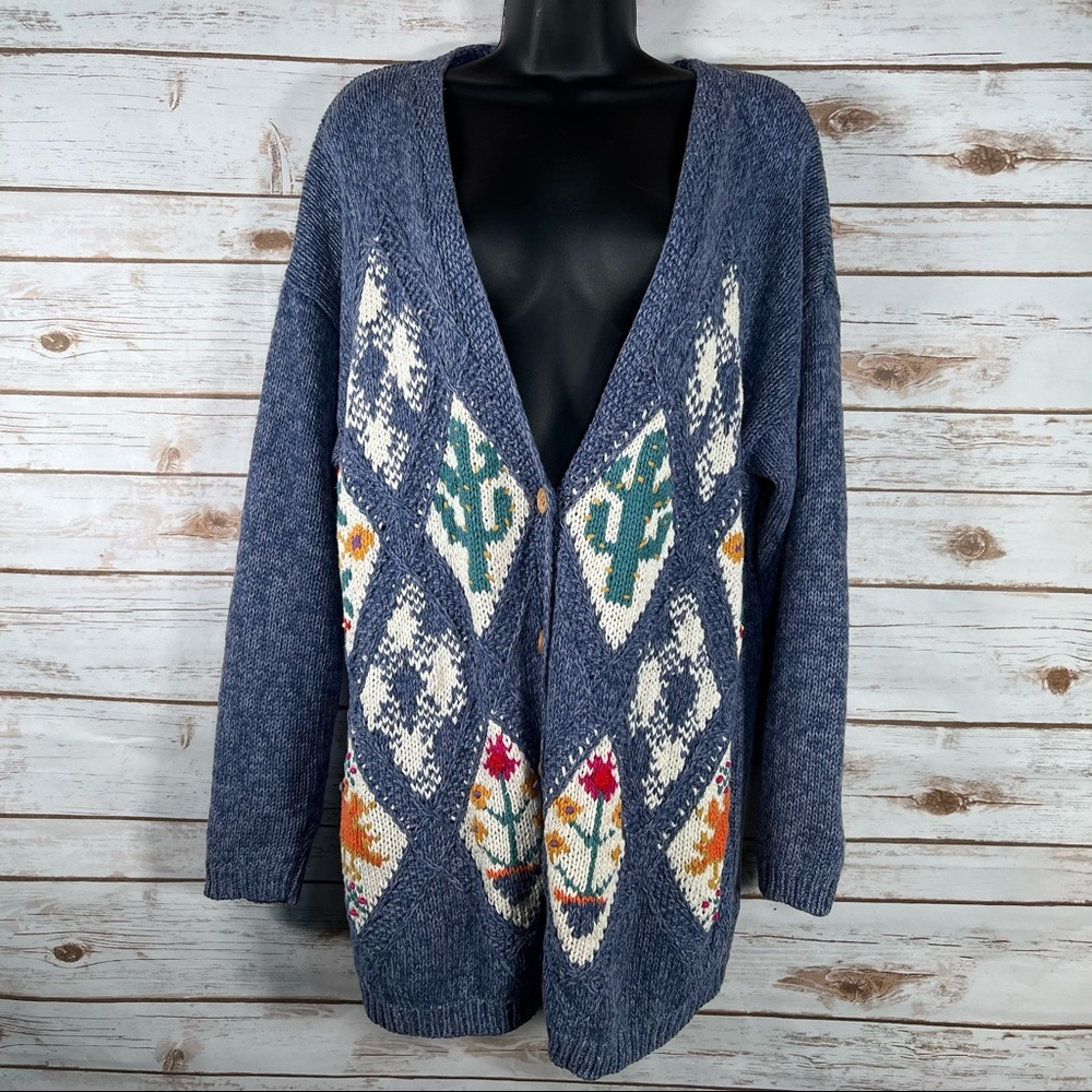 Unique Knit Vignette Cardigan |Base Blue with Multicolour |Measurements Attached